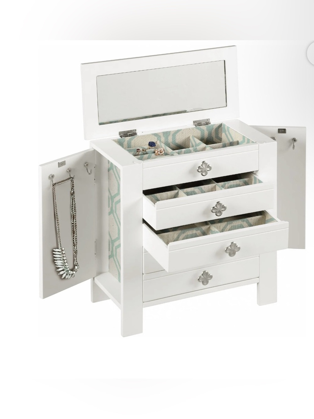Hive & Honey White Jewelry Organizer with Teal Patterned Lining and Mirror